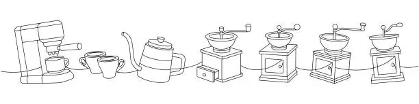 Vector illustration of Coffee shop set one line continuous drawing. Coffee machine, espresso cups, gooseneck kettle, coffee grinders continuous one line illustration.