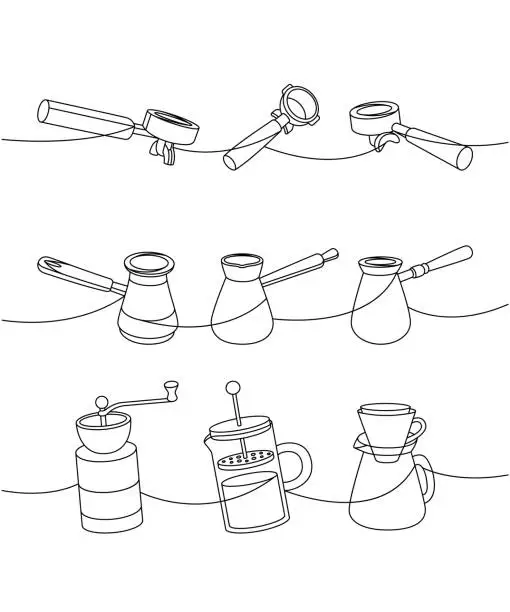 Vector illustration of Coffee shop one line continuous drawing. Portafilters, Turkish coffee pots, grinders, French press, coffee maker continuous one line illustration.