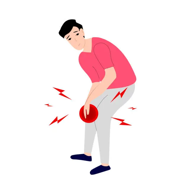 Vector illustration of Young Asian man have knee pain, leg pain in flat design on white background. Male use hand touching on knee. Vector.