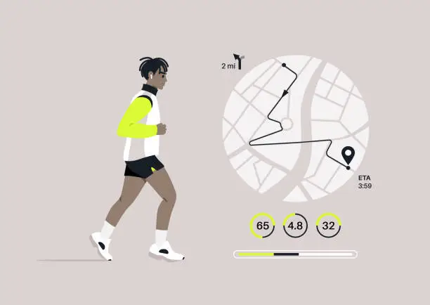 Vector illustration of A Jog Progress, Tracking Distance and Performance Metrics, A runner is shown mid-stride with a graphical overlay of their route and fitness statistics