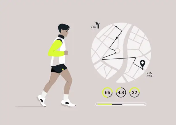 Vector illustration of A Jog Progress, Tracking Distance and Performance Metrics, A runner is shown mid-stride with a graphical overlay of their route and fitness statistics