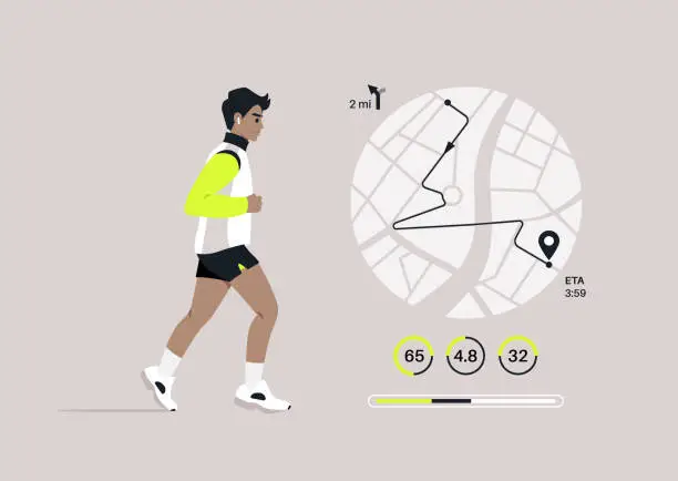 Vector illustration of A Jog Progress, Tracking Distance and Performance Metrics, A runner is shown mid-stride with a graphical overlay of their route and fitness statistics
