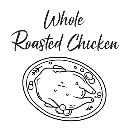 Chicken roast. Whole chicken black and white vector illustration. Design for restaurant menu. Grill chicken, turkey icon typography label, sign, emblem, symbol. Line hand drawn fried poultry.