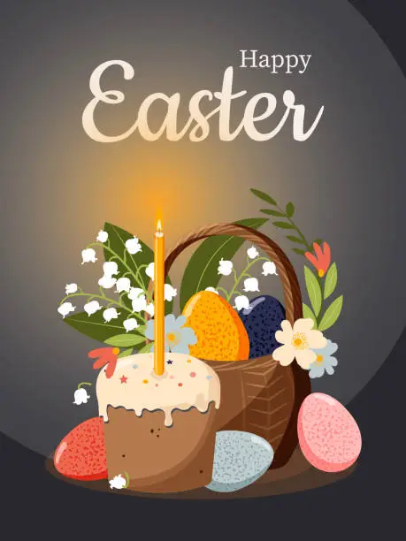 Vector illustration of Happy Easter. Spring bouquet of flowers in a wicker basket with Easter colorful eggs and Easter cake with a burning candle. Vector.