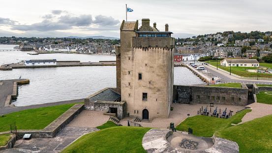 Dundee United Kingdom , October 2th of 2023: Aerial view of Broughty castle. It is a historic castle located in Broughty Ferry, Dundee, Scotland. Built in 1496 on a rocky promontory, it has a rich history of sieges and battles.