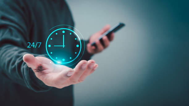 istock work 24hour and 7 day icon virtual screen hologram, 24hour open, 24 hour payment online banking, shopping, transection online service server cloud running. 2104143525