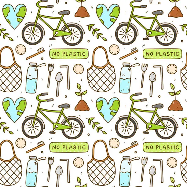 Vector illustration of Cute seamless pattern with recycle and reusable products - glass water bottle, mesh bag, cotton pads, bamboo toothbrushes, steel cutlery. Bike and heart-shaped Earth. Zero waste, Go green, No plastic.