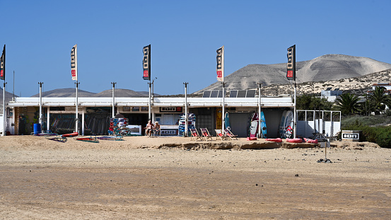 Pájara, Fuerteventura, Spain, February 20, 2024 - The ION Club in Risco del Paso, a kitesurfing school in the lagoon of Sotavento, Fuerteventura, Canary Islands, Spain.