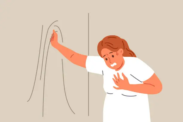 Vector illustration of Woman suffering from obesity feels pain in heart and shortness of breath after climbing stairs