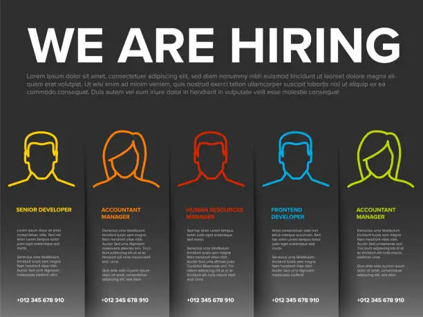 Vector illustration of We are hiring dark paper minimalistic flyer template with blocks containing position names and icons