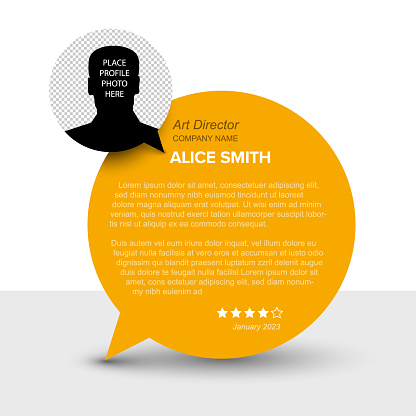Simple light and yellow minimalistic client user customer testimonial review card layout template with photo placeholder and sample, message in orange circle speech bubble
