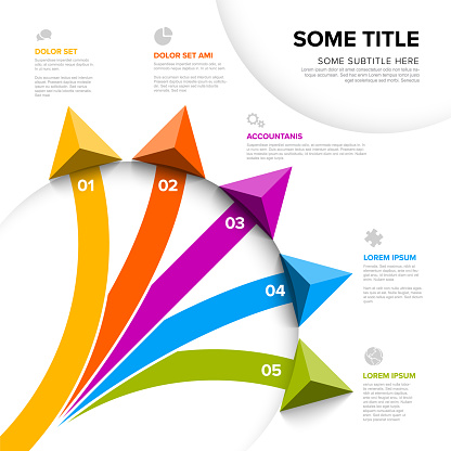 Vector light diagonal multipurpose Infographic template with title and five elements options with big color arrows. Multipurpose Infochart with modern colors lines icons and arrows pointing on various  directions