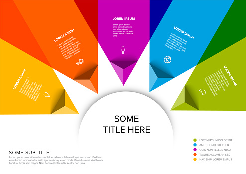 Vector multipurpose Infographic template made from title in big circle and five color pyramid arrow items with icons titles and descriptions. Multipurpose infochart template