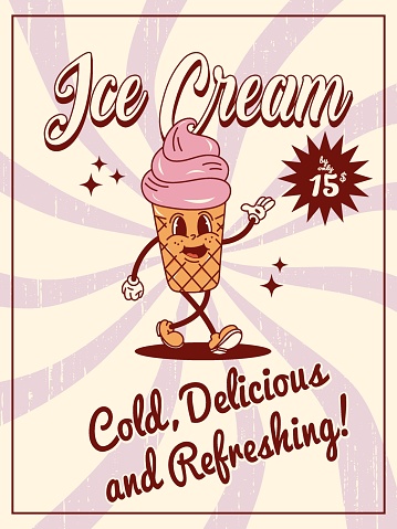 Poster in retro groovy style with ice cream. The poster is great for cards, brochures, flyers, and advertising poster templates. It is a vector illustration.