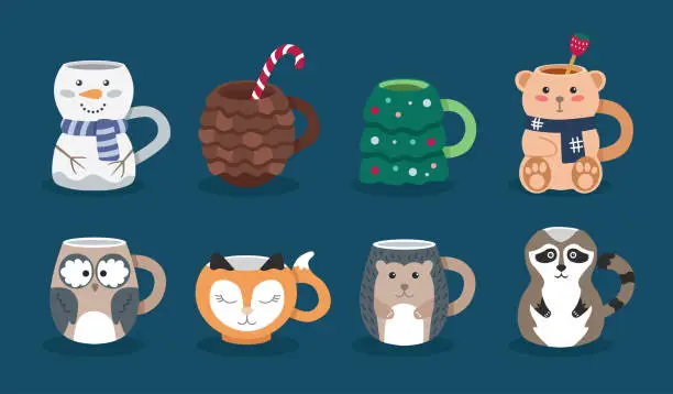 Vector illustration of Set of cute mugs in the shape of animals. Cups for children in Christmas theme. Vector set of ceramics elements in cartoon style. Snowman, Christmas tree, pine cone.
