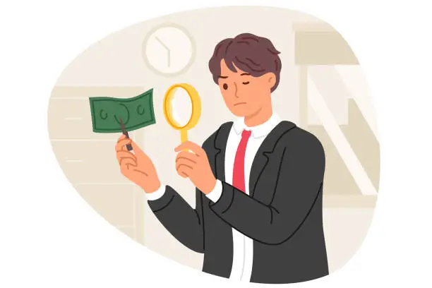 Vector illustration of Expert examines counterfeit money via magnifying glass to look for inaccuracies in fake banknotes