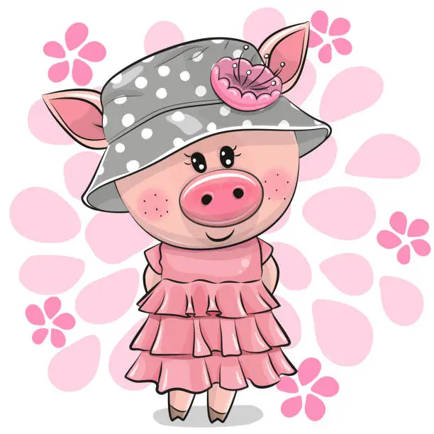 Vector illustration of Cute Cartoon Pig in panama hat