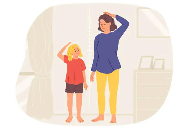 Vector illustration of Little girl and mother measure own height standing near wall with marks in apartment.