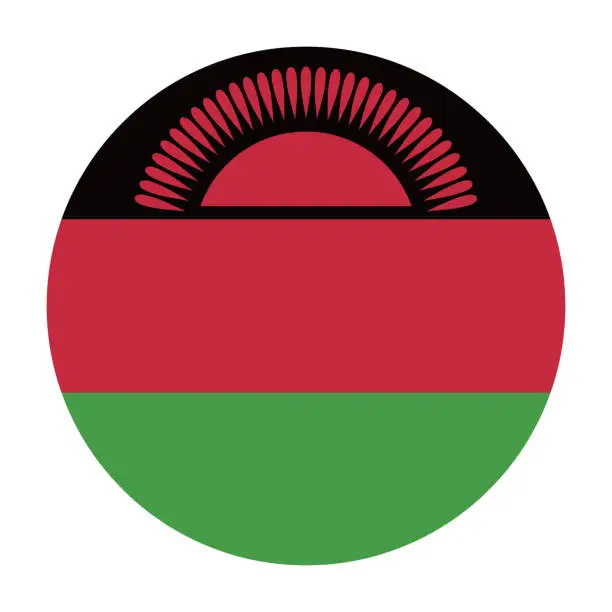 Vector illustration of Malawi circle flag. Circle icon flag. Standard color. Button flag icon. Digital illustration. Computer illustration. Vector illustration.