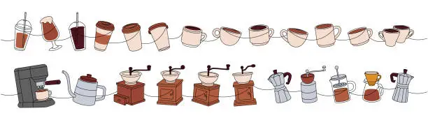Vector illustration of Coffee set. Gooseneck kettle, grinder, Italian coffee maker, cups, portafilter, Turkish pot, French press continuous one line colored illustration.