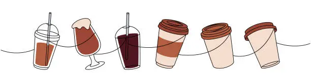 Vector illustration of Takeaway coffee cups one line colored continuous drawing. Hand drawn elements for coffee shop. Vector linear illustration.