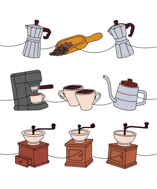 Vector illustration of Coffee set. Italian coffee maker, wooden scoop, coffee machine, espresso cups, gooseneck kettle, grinders continuous one line colored illustration.