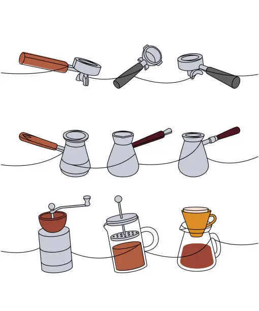 Vector illustration of Coffee shop one line colored continuous drawing. Portafilters, Turkish coffee pots, grinders, French press continuous one line colored illustration.