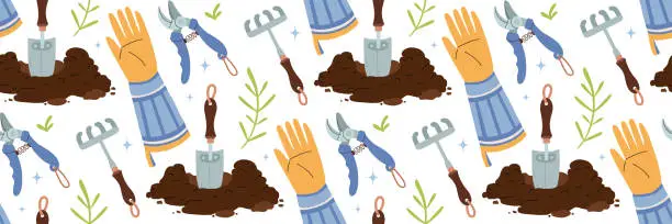 Vector illustration of Garden growing tools pattern. Agriculture Items shovel, Hole of earth, yellow gardening gloves, rake