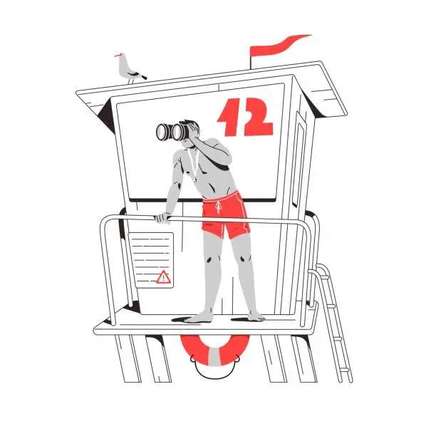 Vector illustration of Lifesaver watching through binoculars contour lineart. Beach rescuer staring sea from lifeguard tower, surveillance from height. Emergency aid on water. Flat isolated vector illustration on white