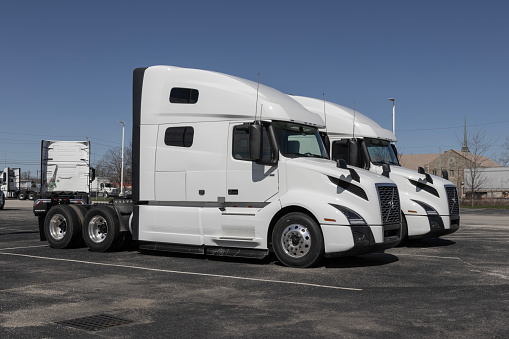 Indianapolis - March 20, 2024: Volvo Semi Tractor Trailer Big Rig Truck display at a dealership. Volvo Trucks supplies complete transport solutions.