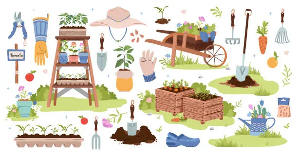 Vector illustration of Gardening and agriculture illustrations set. Garden tools, household collection. Growing vegetables.