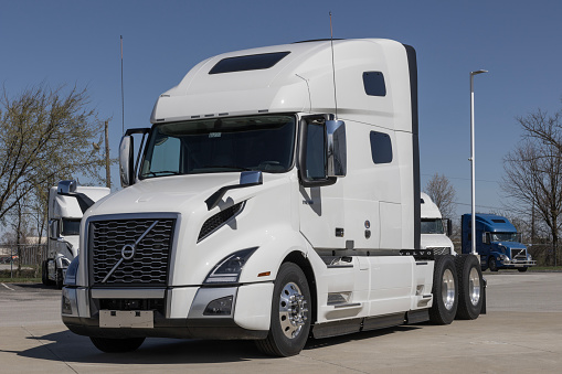 Indianapolis - March 20, 2024: Volvo Semi Tractor Trailer Big Rig Truck display at a dealership. Volvo Trucks supplies complete transport solutions.