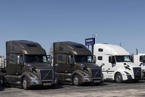 Indianapolis - March 20, 2024: Volvo Semi Tractor Trailer Big Rig Truck display at a dealership. Volvo Trucks supplies complete transport solutions.