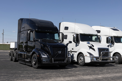 Indianapolis - March 20, 2024: Volvo Semi Tractor Trailer Big Rig Truck display at a dealership. Volvo Trucks supplies complete transport solutions.