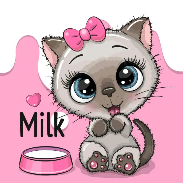 Vector illustration of Cartoon Siamese Kitten with a plate of milk on the pink background