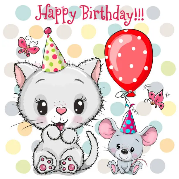 Vector illustration of Birthday card with Cute White Kitty and mouse