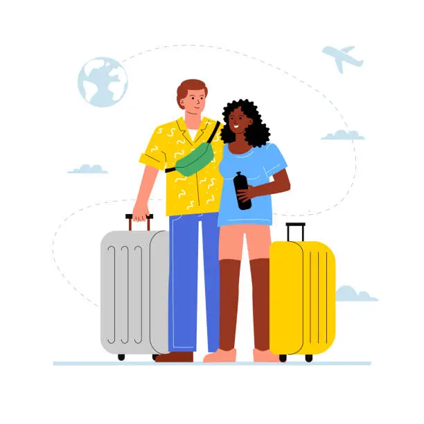 Vector illustration of A hugging multiethnic couple at the airport, a man and a woman with suitcases waiting for departure.