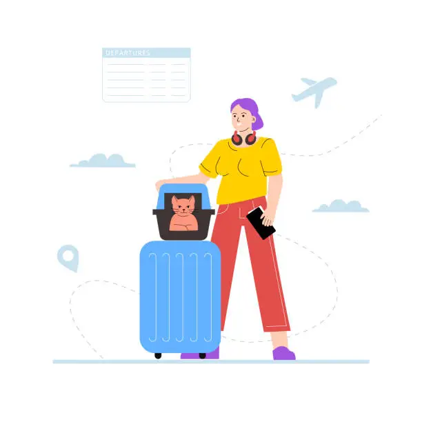 Vector illustration of A beautiful young woman with a suitcase and a cat carrier cage at the airport. The concept of traveling with a pet.