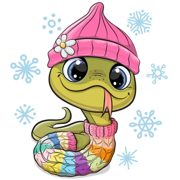 Vector illustration of Cute Cartoon Snake in knitted hat