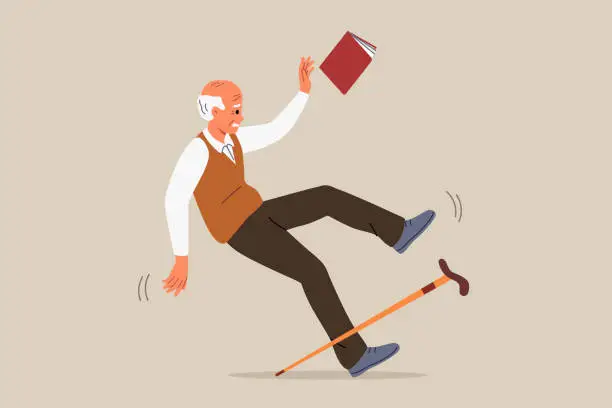 Vector illustration of Accident involving elderly man who falls and slips on wet floor, risks injury or damage to spine