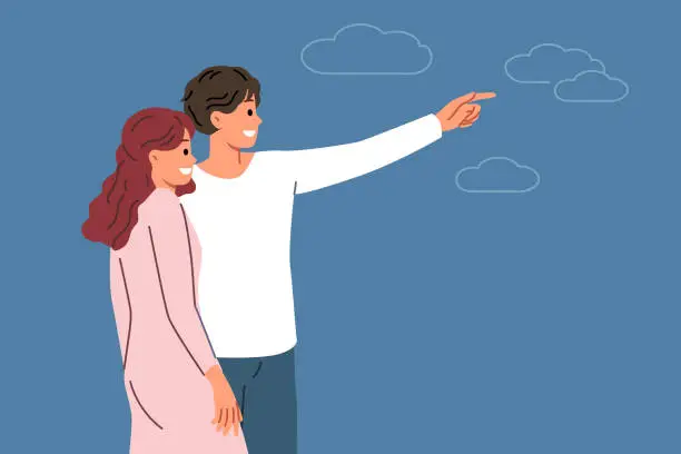 Vector illustration of Couple in love with man pointing finger in direction telling bride about plans for future