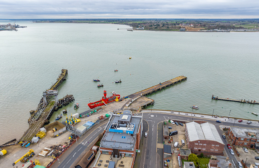 Aerial photo from a drone of Harwich Train Ferry Berth in Essex, UK. Captured in March 2024.