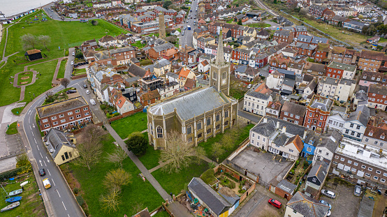 Aerial photo from a drone of St Nicholas' Church in Harwich, Essex, UK. Captured in March 2024.