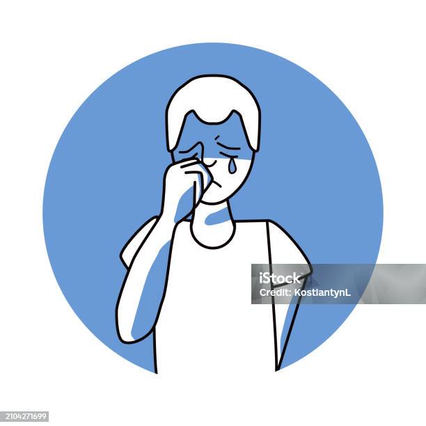우울한 감정을 가진 슬픈 소년 몸짓으로 표정을 짓는다 슬픔에 빠진 십대 우울한 감정을 표현합니다 파란색 벡터 원 아이콘입니다 ...