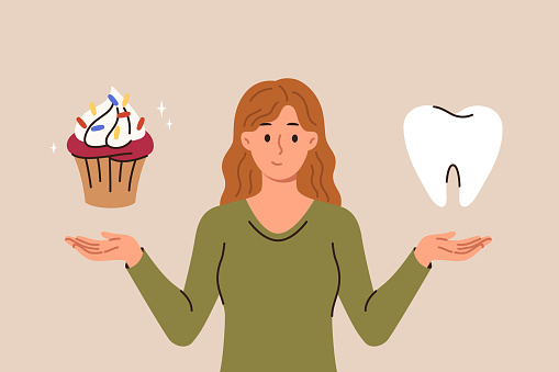 Woman calls to think about problem of caries caused by eating sweet foods, holds giant tooth and muffin in hands. Young girl doubts whether should eat dessert because of risk of caries.