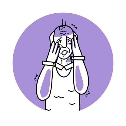 Frightened old man, emotion of fear, facial expression with gestures. Afraid grandfather with white hair, expressing her panic feelings. Purple vector circle icon.