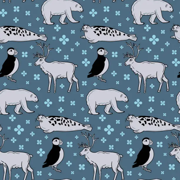 Vector illustration of Arctic seamless pattern with animals and bird