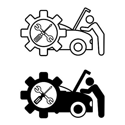 Car Service Icons. Black and White Vector Icons of Car Repair by Mechanic. Gear and Tools. Vehicle Repair and Maintenance