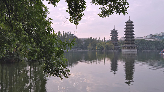 Chinese style garden, amazing beautiful nature landscape scene with reflection in Guilin, China, Jan 2024