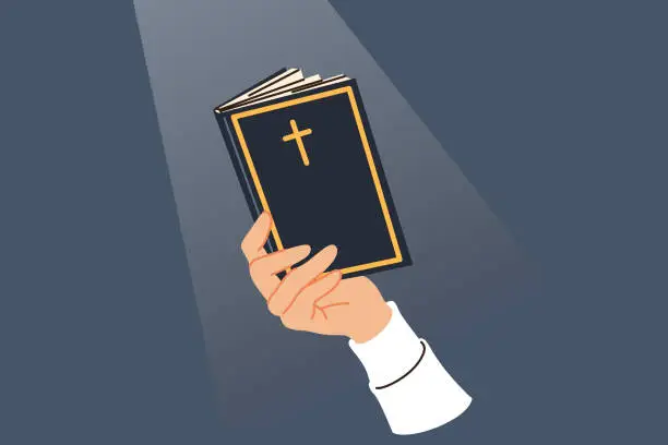 Vector illustration of Holy bible in hand of man reading prayers and commandments, with christian cross on cover